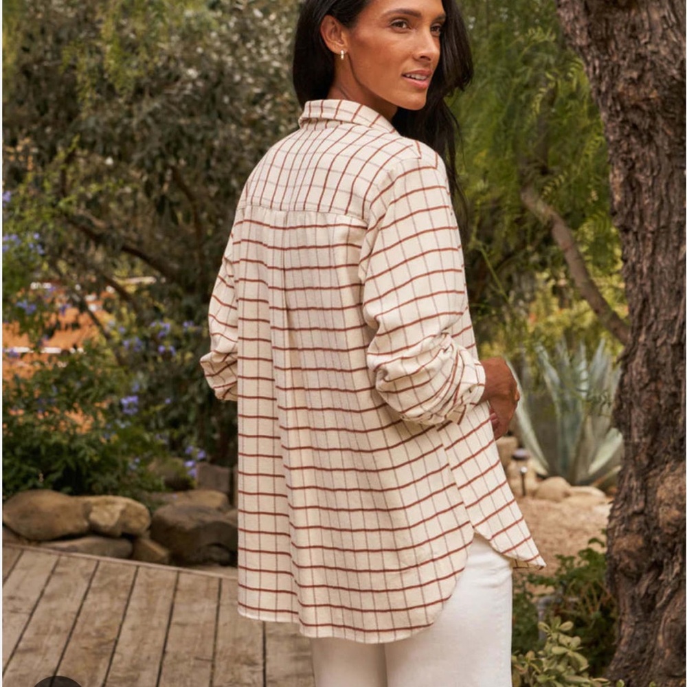 Frank & Eileen Large Joedy Boyfriend Button Up Shirt Cream Plaid Lounge Relaxed